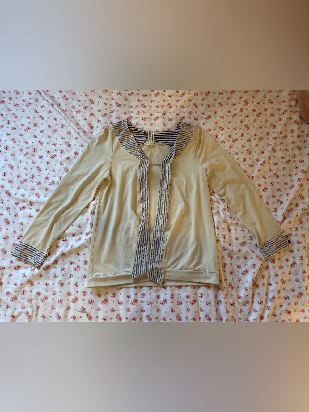 Cream Long-Sleeve Tie-Front Top with Striped Trim